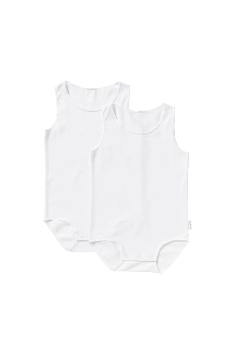 Two white sleeveless baby bodysuits stacked together on a plain white background.