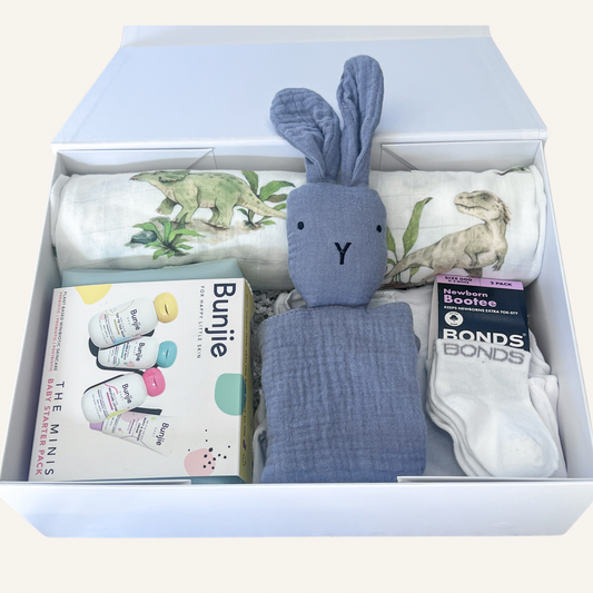 White gift box blue muslin cotton bunny comforter white bonds singlet and socks dinosaur muslin swaddle perfect for newborn bunjie baby starter pack travel minis